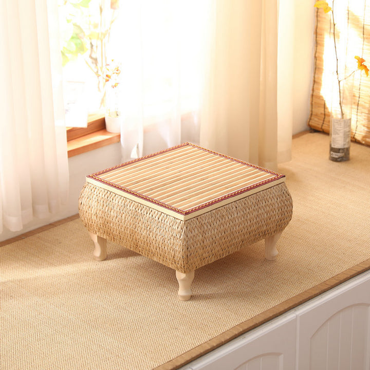 Traditional Japanese Square Solid Wood Solid Wood Plywood Rattan Weaving Storage Coffee Table 1-Cabinet For Living Room
