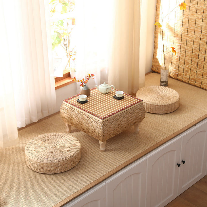 Traditional Japanese Square Solid Wood Solid Wood Plywood Rattan Weaving Storage Coffee Table 1-Cabinet For Living Room
