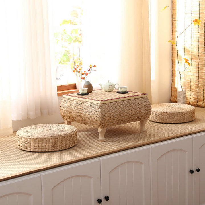 Traditional Japanese Square Solid Wood Solid Wood Plywood Rattan Weaving Storage Coffee Table 1-Cabinet For Living Room