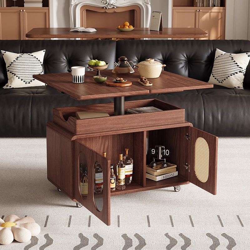 Modern Mid-century Square Rectangular Rubberwood Solid Wood Plywood Plastic Rattan Glass Foldable Movable Weaving Coffee Table 2-Tier For Living Room