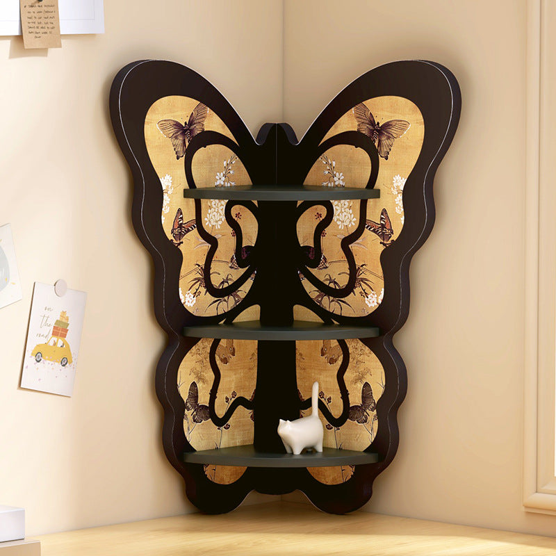 Moderne Art Deco fächerförmige Schmetterlings-Eckregaleinheit aus Massivholz mit 3 Ebenen für das Wohnzimmer 