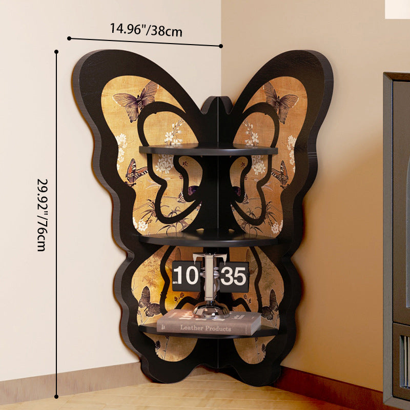 Moderne Art Deco fächerförmige Schmetterlings-Eckregaleinheit aus Massivholz mit 3 Ebenen für das Wohnzimmer 