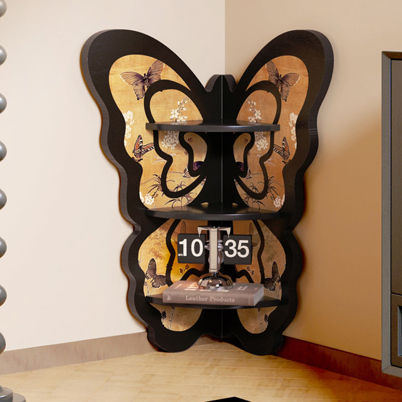 Moderne Art Deco fächerförmige Schmetterlings-Eckregaleinheit aus Massivholz mit 3 Ebenen für das Wohnzimmer 