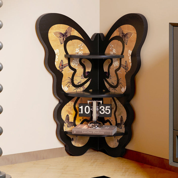 Moderne Art Deco fächerförmige Schmetterlings-Eckregaleinheit aus Massivholz mit 3 Ebenen für das Wohnzimmer 