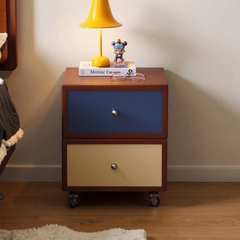 Contemporary Retro Square Rectangular Rubberwood Solid Wood Plywood Movable Nightstand 2-Drawer For Bedroom