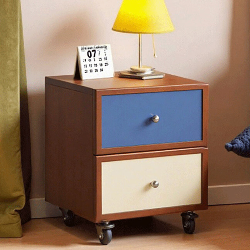 Contemporary Retro Square Rectangular Rubberwood Solid Wood Plywood Movable Nightstand 2-Drawer For Bedroom