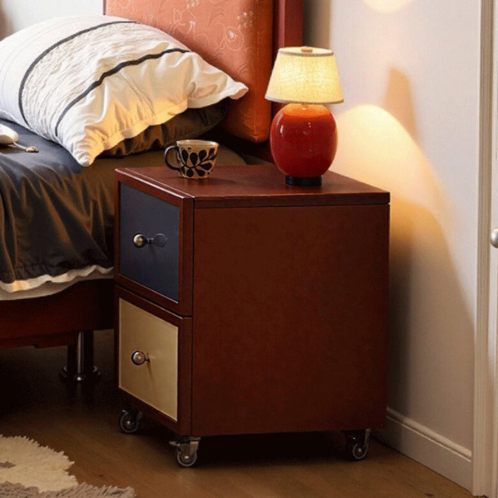 Contemporary Retro Square Rectangular Rubberwood Solid Wood Plywood Movable Nightstand 2-Drawer For Bedroom