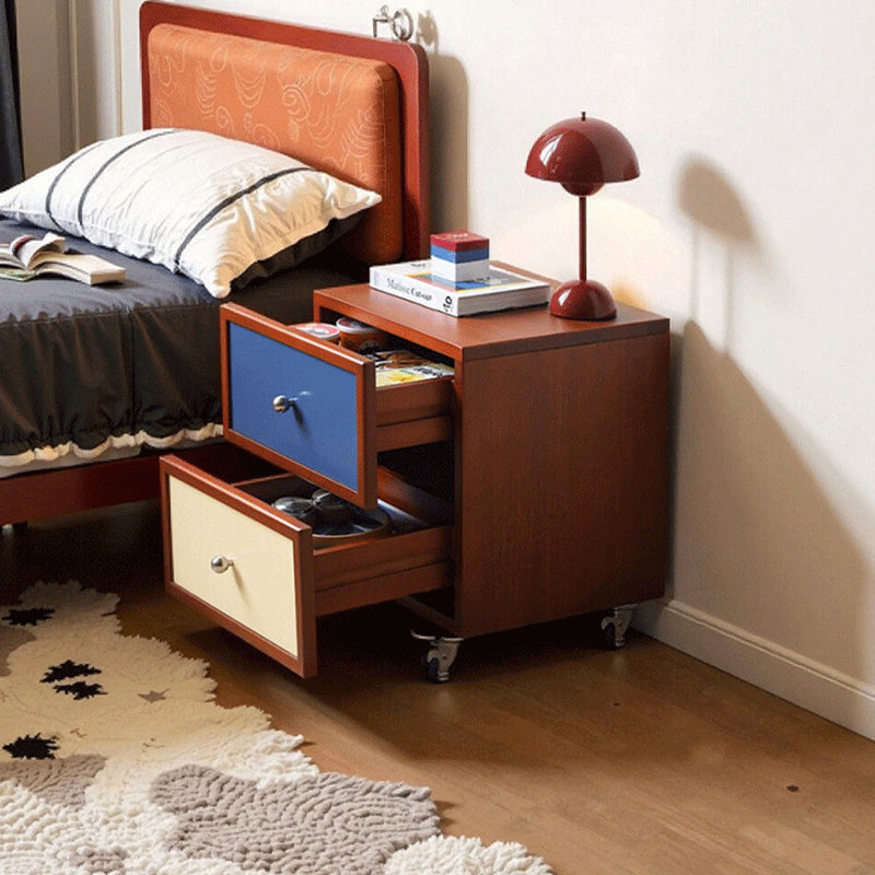 Contemporary Retro Square Rectangular Rubberwood Solid Wood Plywood Movable Nightstand 2-Drawer For Bedroom