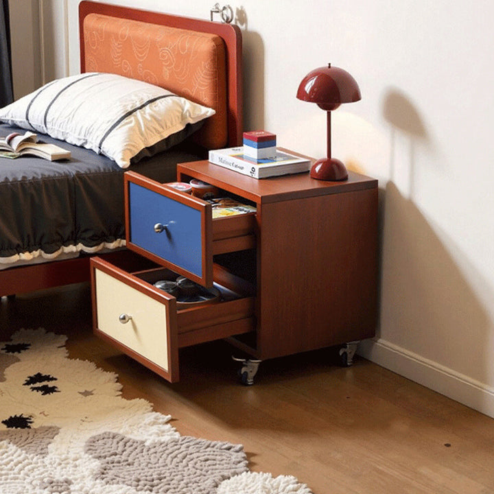 Contemporary Retro Square Rectangular Rubberwood Solid Wood Plywood Movable Nightstand 2-Drawer For Bedroom
