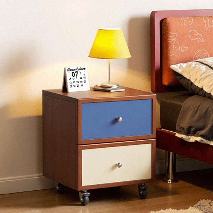 Contemporary Retro Square Rectangular Rubberwood Solid Wood Plywood Movable Nightstand 2-Drawer For Bedroom