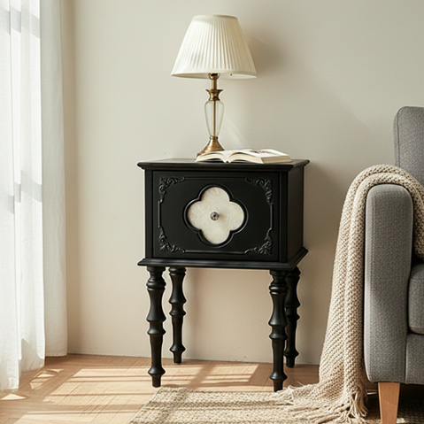 Table de chevet traditionnelle française carrée en bois massif de frêne, contreplaqué et pin, 1 tiroir pour chambre à coucher 