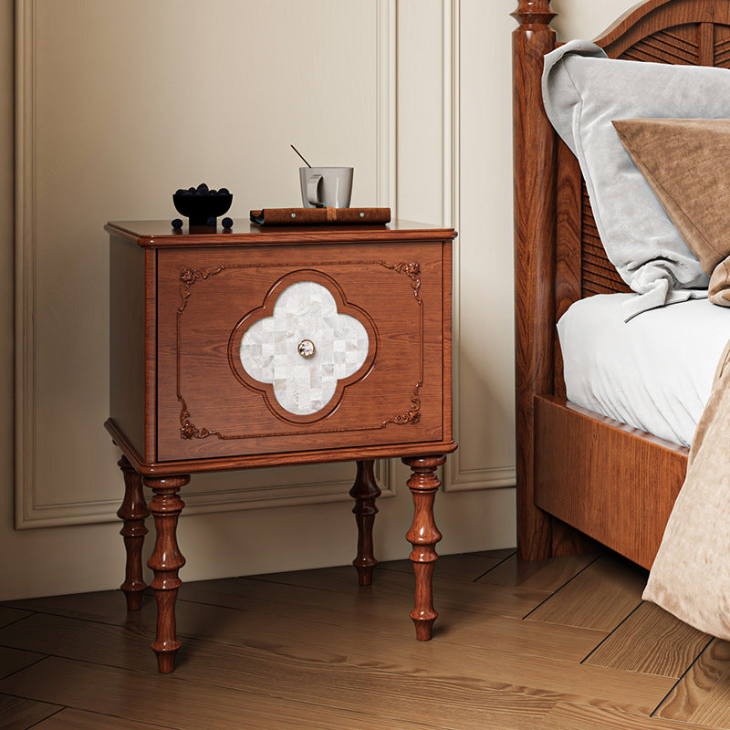 Table de chevet traditionnelle française carrée en bois massif de frêne, contreplaqué et pin, 1 tiroir pour chambre à coucher 