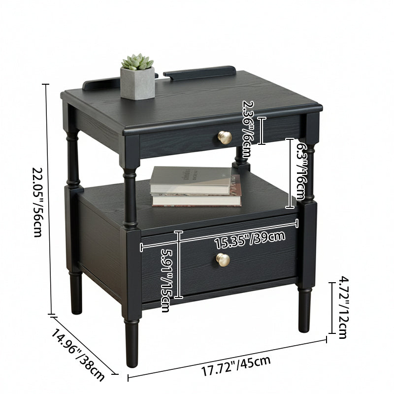 Contemporary Retro Square Ash Wood Solid Wood Plywood Pine Wood Nightstand 2-Drawer For Bedroom
