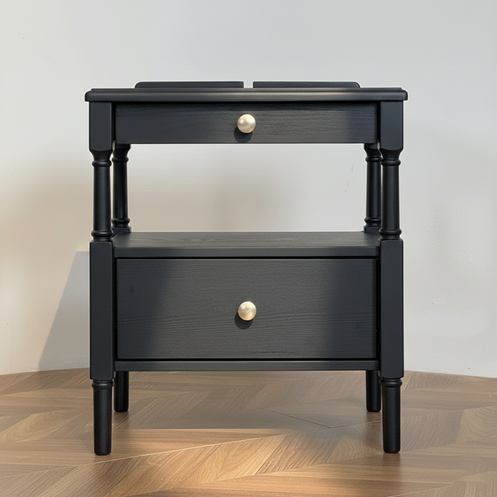 Contemporary Retro Square Ash Wood Solid Wood Plywood Pine Wood Nightstand 2-Drawer For Bedroom