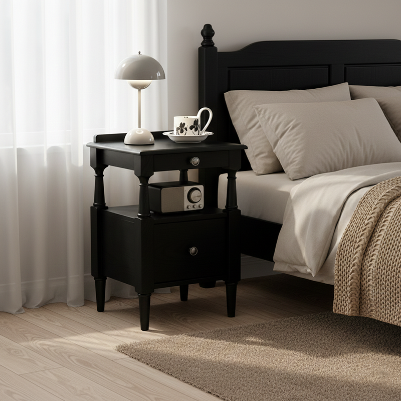 Contemporary Retro Square Ash Wood Solid Wood Plywood Pine Wood Nightstand 2-Drawer For Bedroom