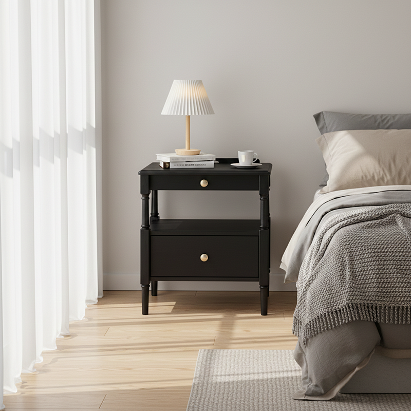 Contemporary Retro Square Ash Wood Solid Wood Plywood Pine Wood Nightstand 2-Drawer For Bedroom