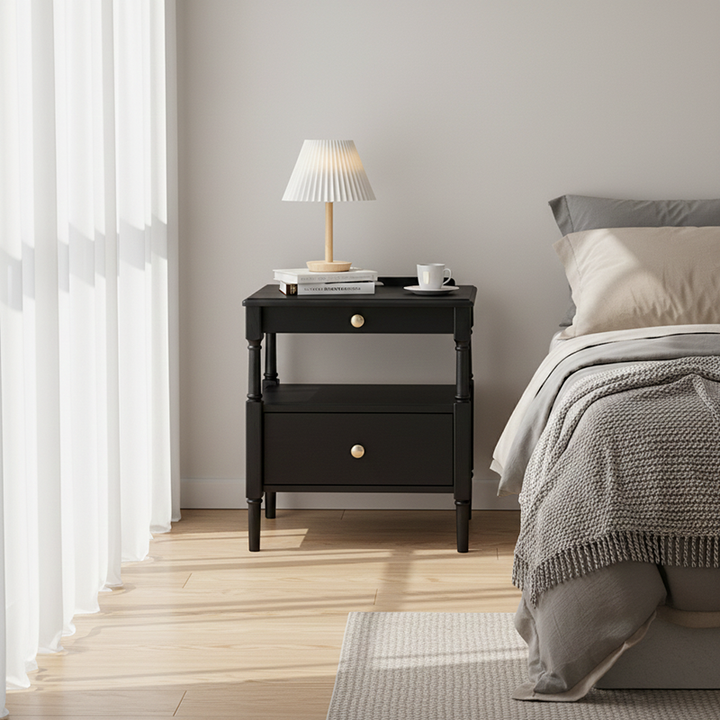 Contemporary Retro Square Ash Wood Solid Wood Plywood Pine Wood Nightstand 2-Drawer For Bedroom