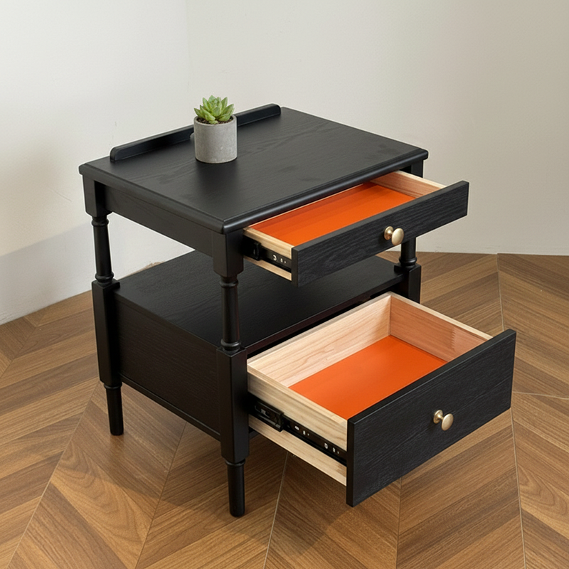 Contemporary Retro Square Ash Wood Solid Wood Plywood Pine Wood Nightstand 2-Drawer For Bedroom