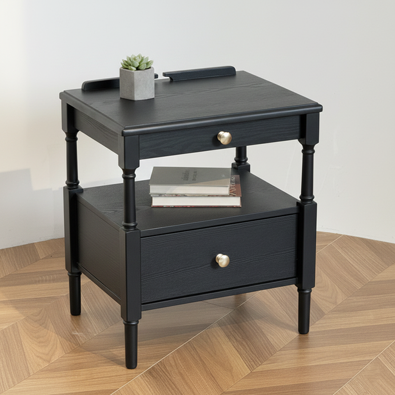 Contemporary Retro Square Ash Wood Solid Wood Plywood Pine Wood Nightstand 2-Drawer For Bedroom