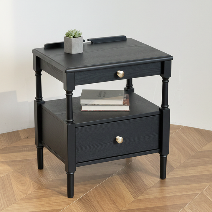 Contemporary Retro Square Ash Wood Solid Wood Plywood Pine Wood Nightstand 2-Drawer For Bedroom
