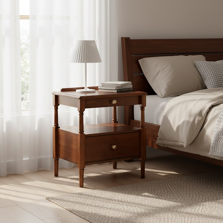 Contemporary Retro Square Ash Wood Solid Wood Plywood Pine Wood Nightstand 2-Drawer For Bedroom