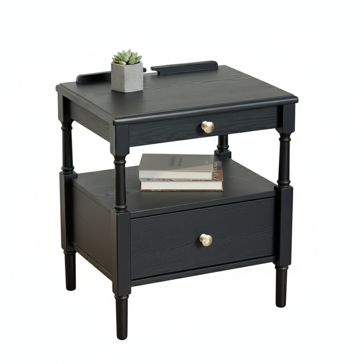 Contemporary Retro Square Ash Wood Solid Wood Plywood Pine Wood Nightstand 2-Drawer For Bedroom