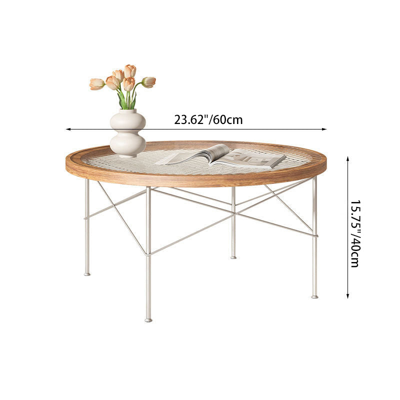 Table basse ronde moderne minimaliste en fer, panneau MDF formé sous vide et verre, 4 pieds pour salon 