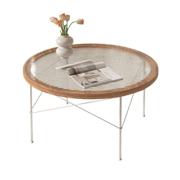 Table basse ronde moderne minimaliste en fer, panneau MDF formé sous vide et verre, 4 pieds pour salon 