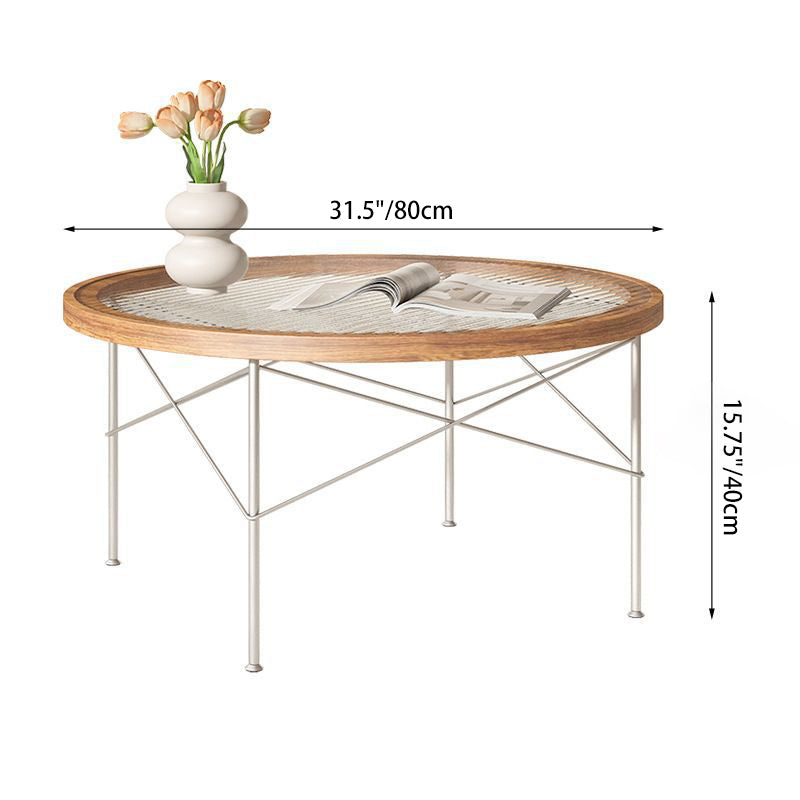 Table basse ronde moderne minimaliste en fer, panneau MDF formé sous vide et verre, 4 pieds pour salon 