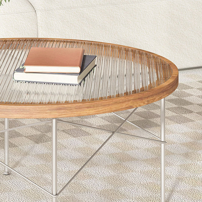 Table basse ronde moderne minimaliste en fer, panneau MDF formé sous vide et verre, 4 pieds pour salon 