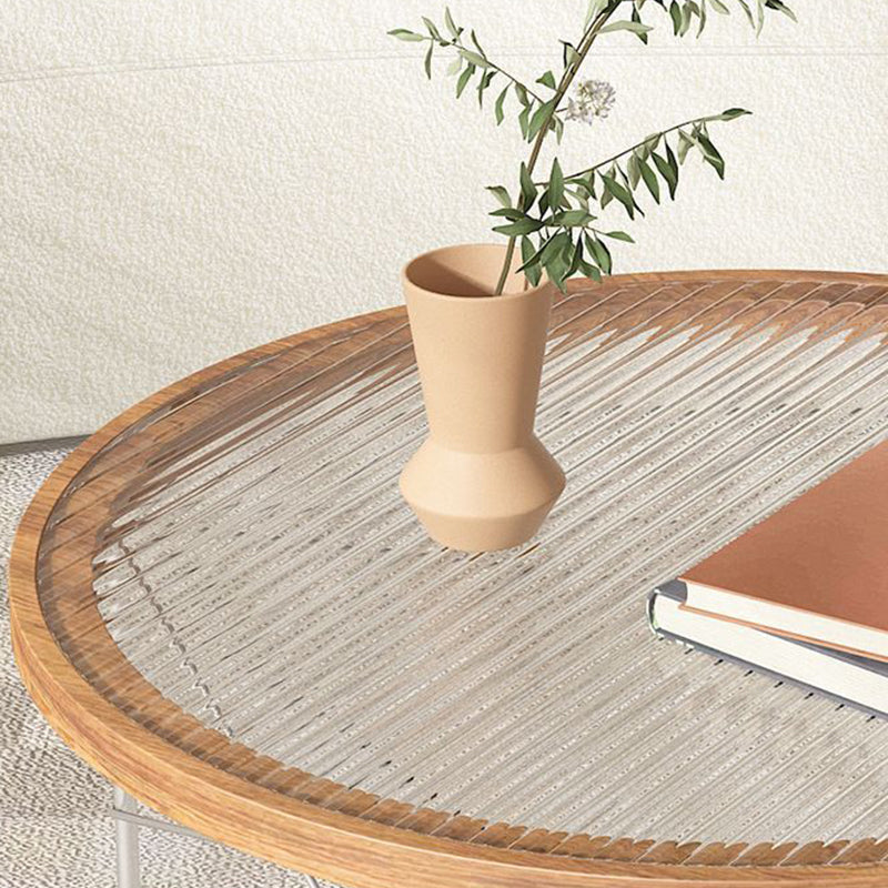 Table basse ronde moderne minimaliste en fer, panneau MDF formé sous vide et verre, 4 pieds pour salon 