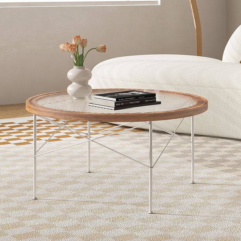 Table basse ronde moderne minimaliste en fer, panneau MDF formé sous vide et verre, 4 pieds pour salon 