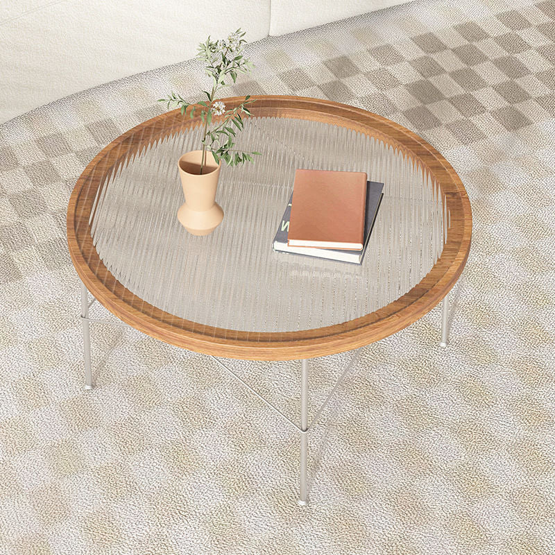 Table basse ronde moderne minimaliste en fer, panneau MDF formé sous vide et verre, 4 pieds pour salon 
