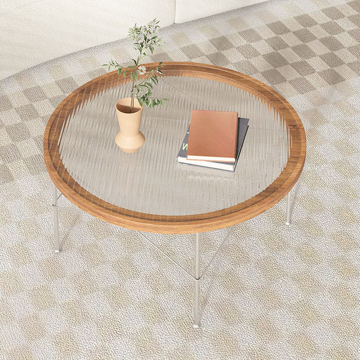 Moderner minimalistischer runder Eisen-Vakuumgeformter MDF-Platten-Glas-Couchtisch mit 4 Beinen für das Wohnzimmer 