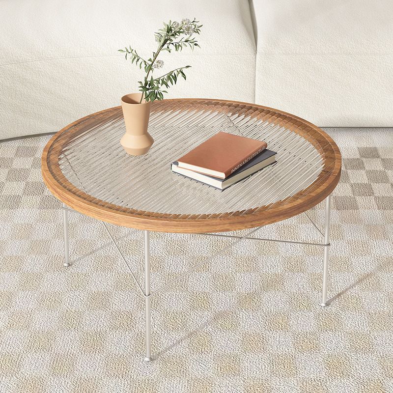 Table basse ronde moderne minimaliste en fer, panneau MDF formé sous vide et verre, 4 pieds pour salon 