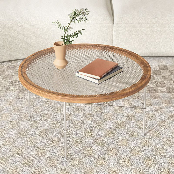Table basse ronde moderne minimaliste en fer, panneau MDF formé sous vide et verre, 4 pieds pour salon 