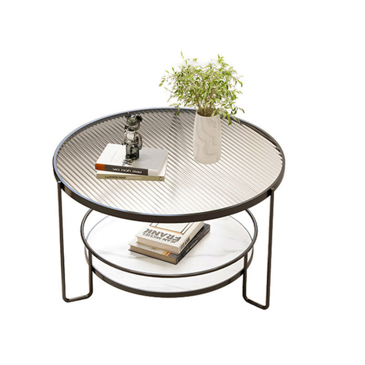 Modern Minimalist Round Iron Eco-Friendly Engineered Wood Glass Coffee Table 2-Tier for Living Room