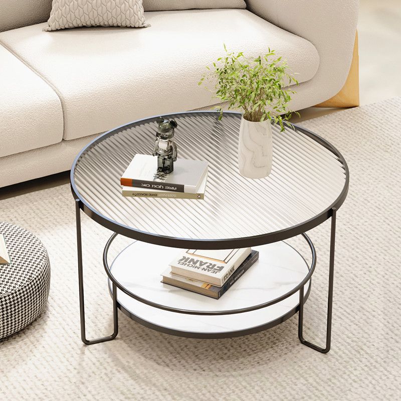 Modern Minimalist Round Iron Eco-Friendly Engineered Wood Glass Coffee Table 2-Tier for Living Room