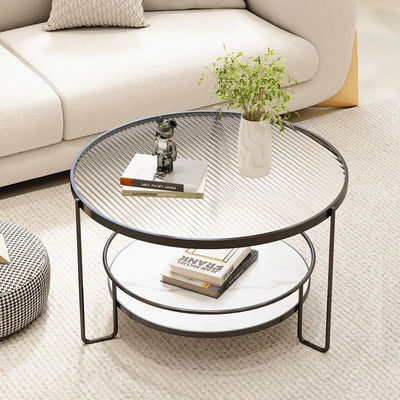 Mesa de café redonda minimalista moderna de hierro con losa de roca de vidrio de 2 niveles para sala de estar 