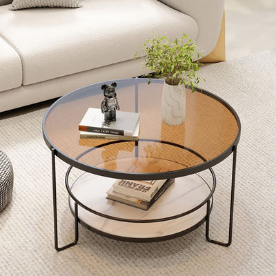 Mesa de café redonda minimalista moderna de hierro con losa de roca de vidrio de 2 niveles para sala de estar 