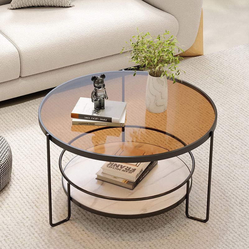 Mesa de café redonda minimalista moderna de hierro con losa de roca de vidrio de 2 niveles para sala de estar 