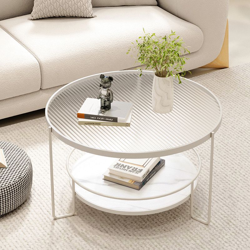 Modern Minimalist Round Iron Eco-Friendly Engineered Wood Glass Coffee Table 2-Tier for Living Room