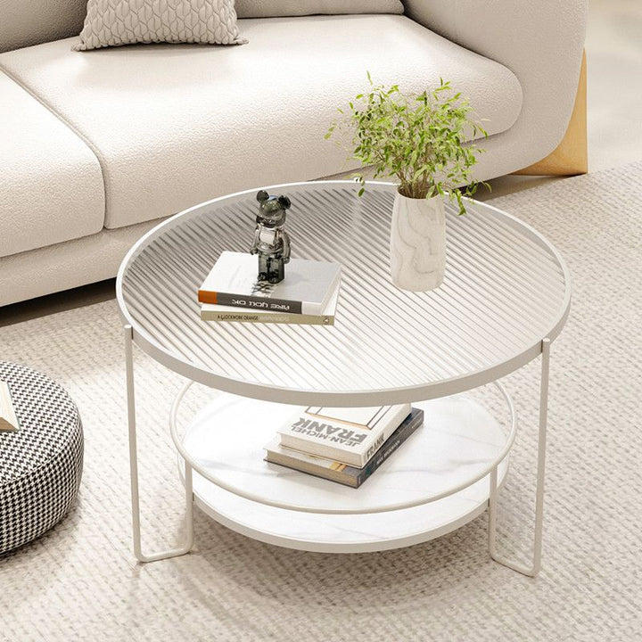 Modern Minimalist Round Iron Eco-Friendly Engineered Wood Glass Coffee Table 2-Tier for Living Room