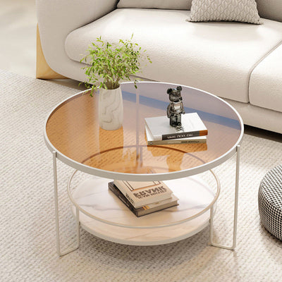 Mesa de café redonda minimalista moderna de hierro con losa de roca de vidrio de 2 niveles para sala de estar 