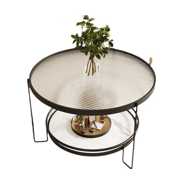 Modern Minimalist Round Iron Eco-Friendly Engineered Wood Glass Coffee Table 2-Tier for Living Room