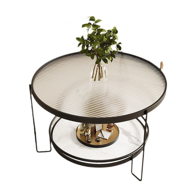 Mesa de café redonda minimalista moderna de hierro con losa de roca de vidrio de 2 niveles para sala de estar 