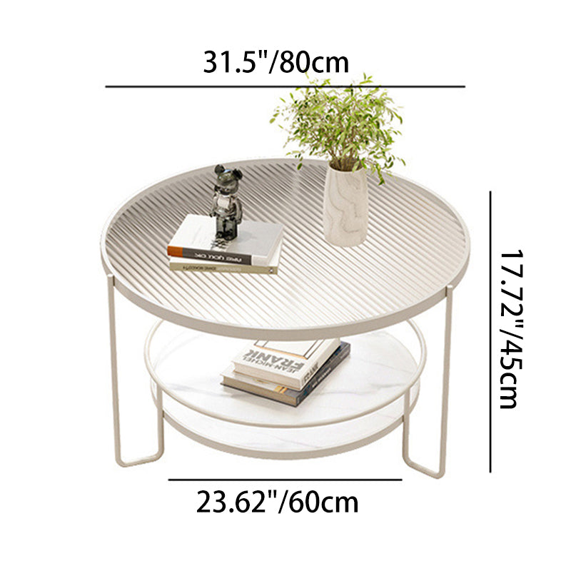 Mesa de café redonda minimalista moderna de hierro con losa de roca de vidrio de 2 niveles para sala de estar 