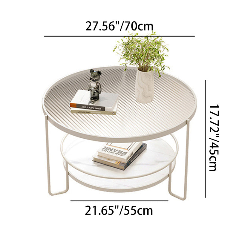 Mesa de café redonda minimalista moderna de hierro con losa de roca de vidrio de 2 niveles para sala de estar 