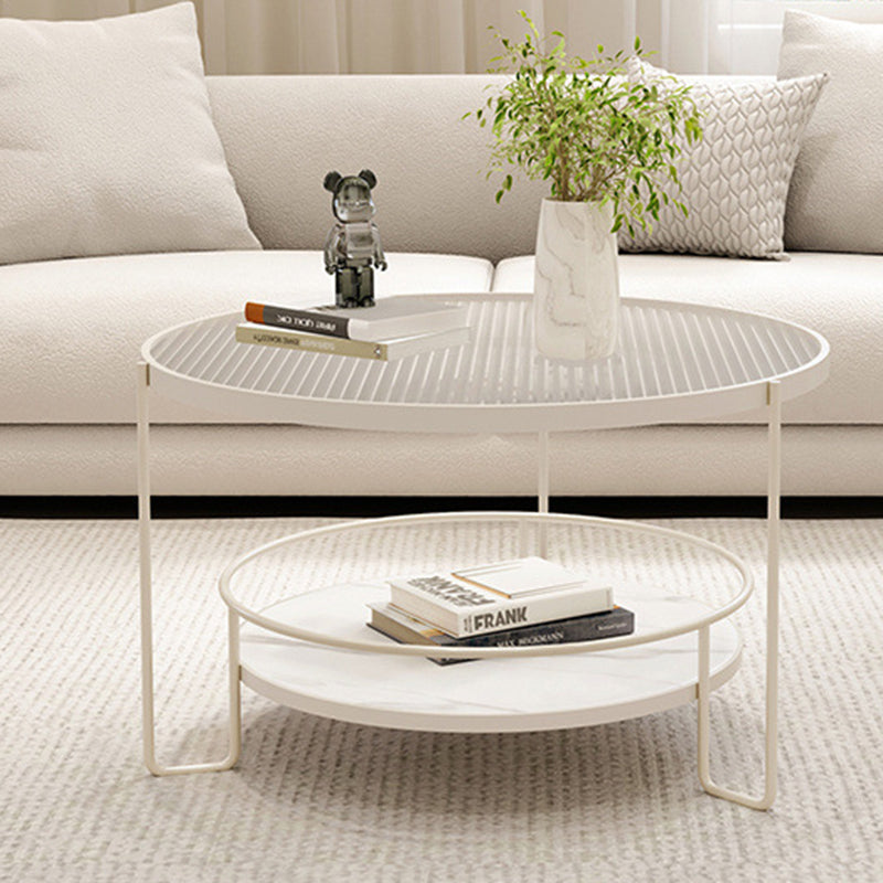 Modern Minimalist Round Iron Eco-Friendly Engineered Wood Glass Coffee Table 2-Tier for Living Room