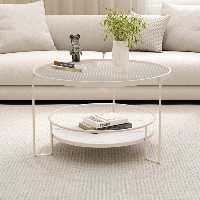 Modern Minimalist Round Iron Eco-Friendly Engineered Wood Glass Coffee Table 2-Tier for Living Room